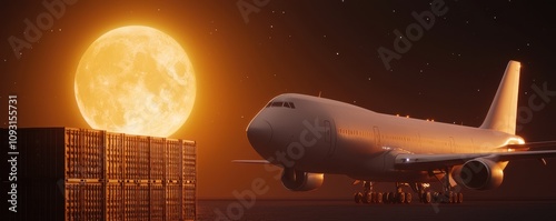 aviationbusiness  aircargoinfrastructure concept.  A cargo plane is silhouetted against a large, glowing moon, with shipping containers in the foreground, creating a dramatic twilight scene. photo