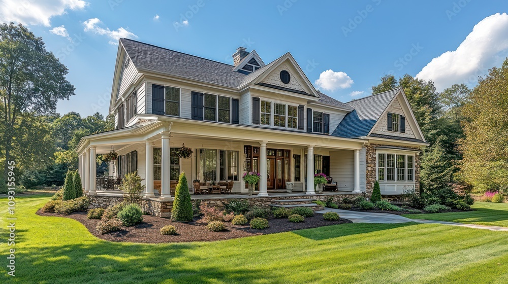 Impressive Farmhouse with wrap-around Porch and manicured lawn