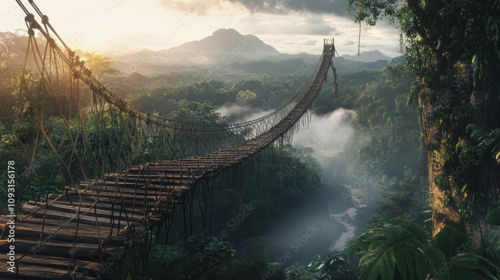 Fototapeta premium A rope bridge swaying over a tropical rainforest valley, mist rising in the distance