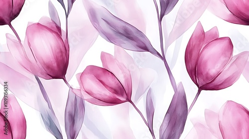 Abstract seamless watercolor pattern of tulips, pastel shades of pink and light lavender, delicate petals, airy leaves, flowing brush strokes, loose hand-drawn style, intricate floral design,