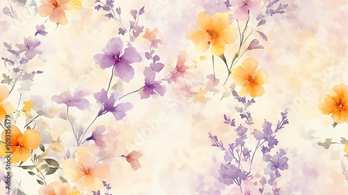 Abstract seamless watercolor pattern of wildflowers, soft pastel colors, delicate petals in shades of pink, yellow, and lavender, gentle green accents, airy brush strokes, intricate and natural look,