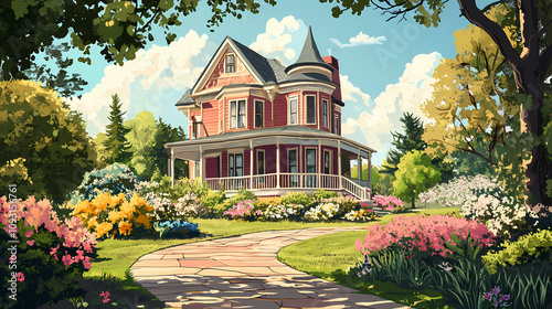 A victorian-style house with a wraparound porch and a manicured garden. Victorian Garden Pathway. Illustration photo