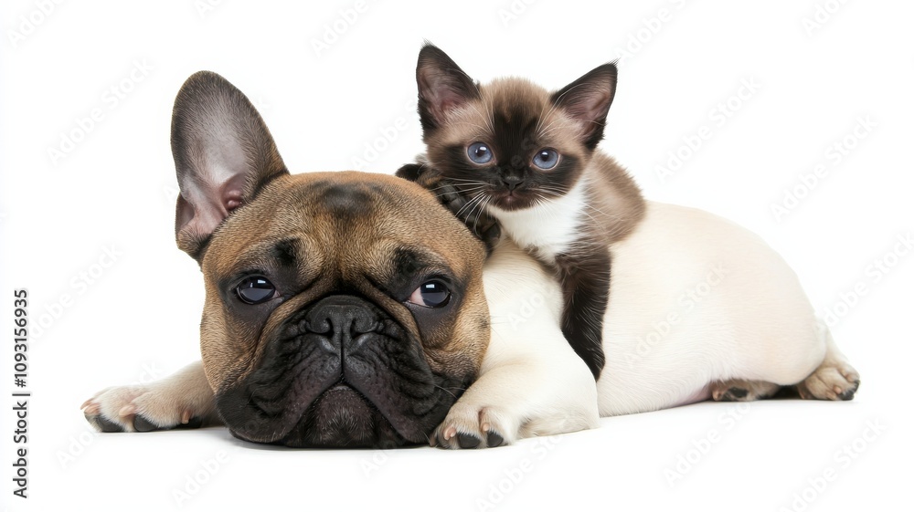 A playful French Bulldog cuddles with a Siamese kitten, showcasing a heartwarming friendship between different pets. A playful French Bulldog cuddles with a Siamese kitten, showcasing a heartwarming friendship between different pets.