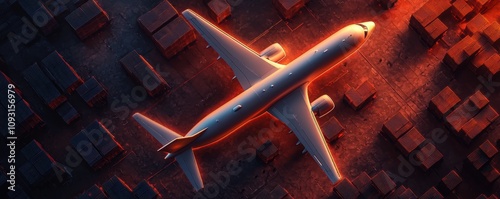 aviationbusiness  aircargoinfrastructure concept.  Aerial view of an airplane at sunset, highlighting its sleek design against a backdrop of scattered cargo containers. photo