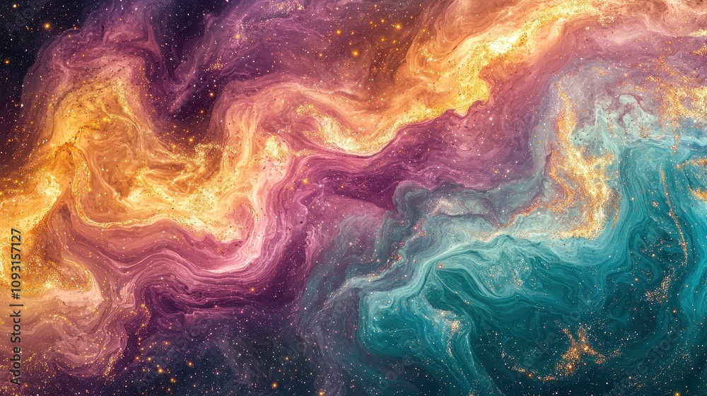 A cosmic background featuring swirling nebulae in shades of magenta, gold, and turquoise. Bright stars and glowing clouds create a celestial wonderland. Perfect for imaginative and expansive A cosmic background featuring swirling nebulae in shades of magenta, gold, and turquoise. Bright stars and glowing clouds create a celestial wonderland. Perfect for imaginative and expansive
