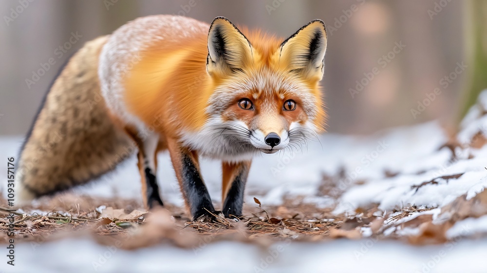 Fototapeta premium Captivating Close up of a Vibrant Orange Fox in a Peaceful Snow covered Forest