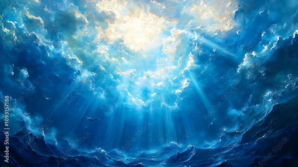 Vibrant blue ocean depths with radiant beams of sunlight piercing through the surface Vibrant blue ocean depths with radiant beams of sunlight piercing through the surface