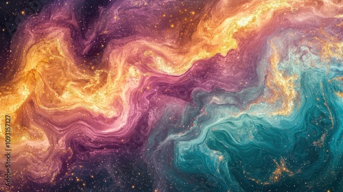 A cosmic background featuring swirling nebulae in shades of magenta, gold, and turquoise. Bright stars and glowing clouds create a celestial wonderland. Perfect for imaginative and expansive 