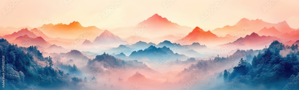 Mountains are covered in mist and fog as the sun sets