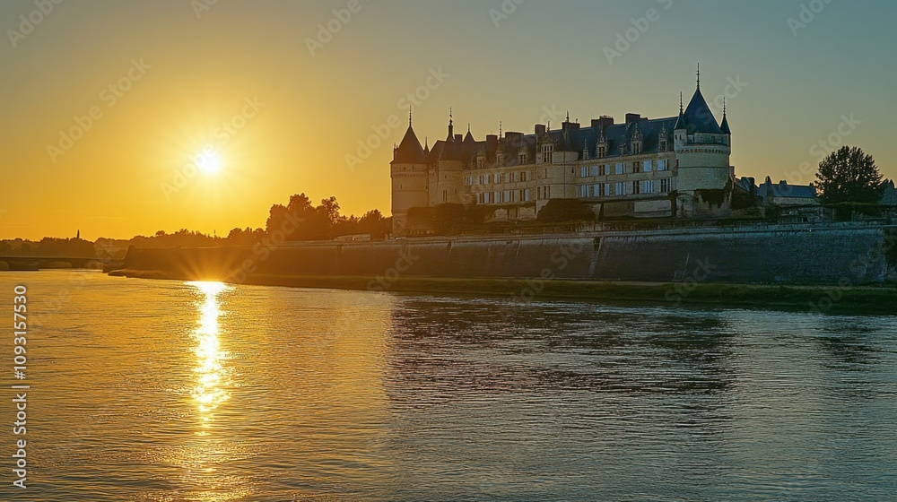 Fototapeta premium Serene Sunset Over Historical Chateau by Water, Illuminating Classic Architecture and Reflections, Evoking Tranquility and Timeless Beauty in Scenic French Landscape