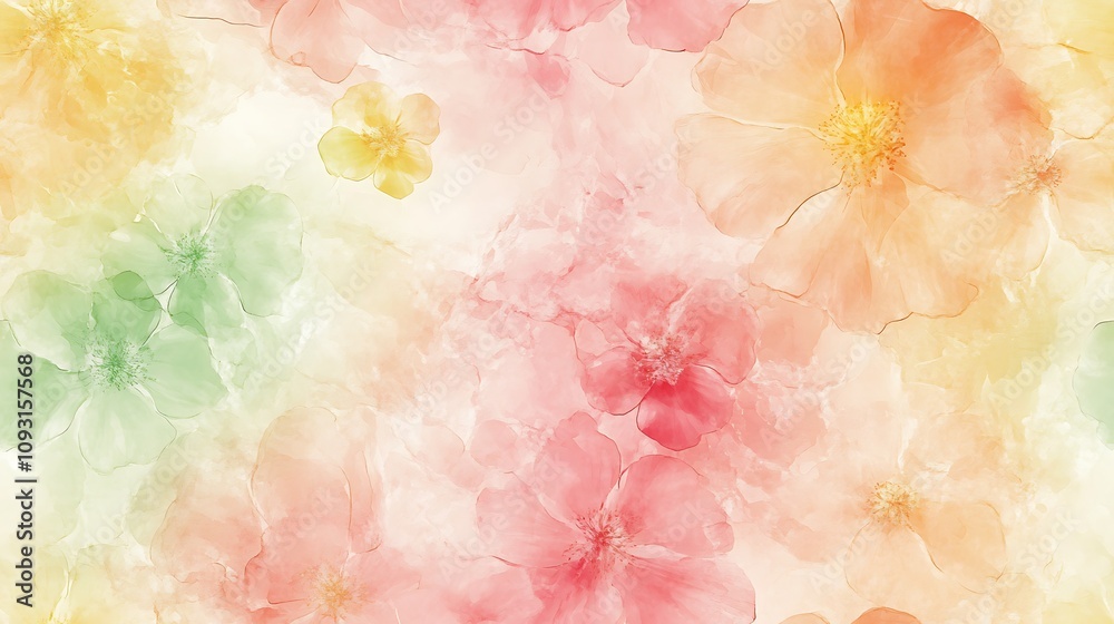Delicate abstract watercolor pattern, seamless design with roses and daisies, soft pastel shades of pink, yellow, and green, fluid and loose brush strokes, intricate floral details, Delicate abstract watercolor pattern, seamless design with roses and daisies, soft pastel shades of pink, yellow, and green, fluid and loose brush strokes, intricate floral details,