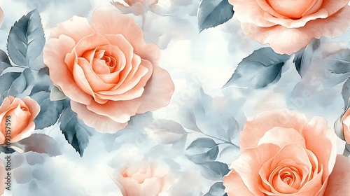 Delicate garden roses in a seamless watercolor pattern, muted pastel colors, soft petals and detailed leaves, hand-drawn style, airy and flowing, intricate floral design, fluid strokes,