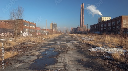 A vast and desolate industrial landscape frames an abandoned factory with smokestacks and graffiti-covered buildings showcasing urban decay