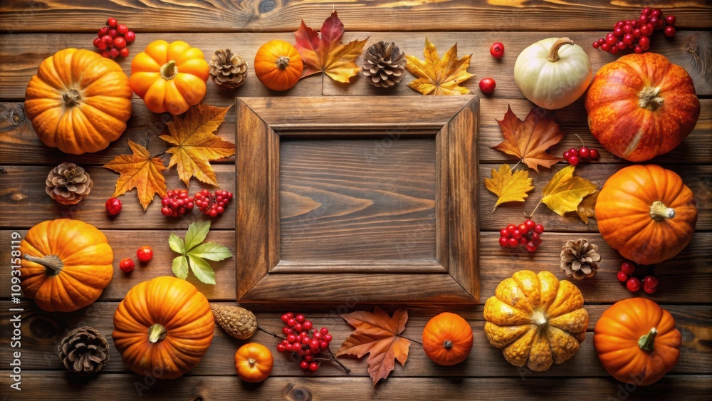 Rustic Wooden Frame Adorned with Pumpkins, Autumn Leaves, and Pine Cones for a Festive Fall Display Rustic Wooden Frame Adorned with Pumpkins, Autumn Leaves, and Pine Cones for a Festive Fall Display