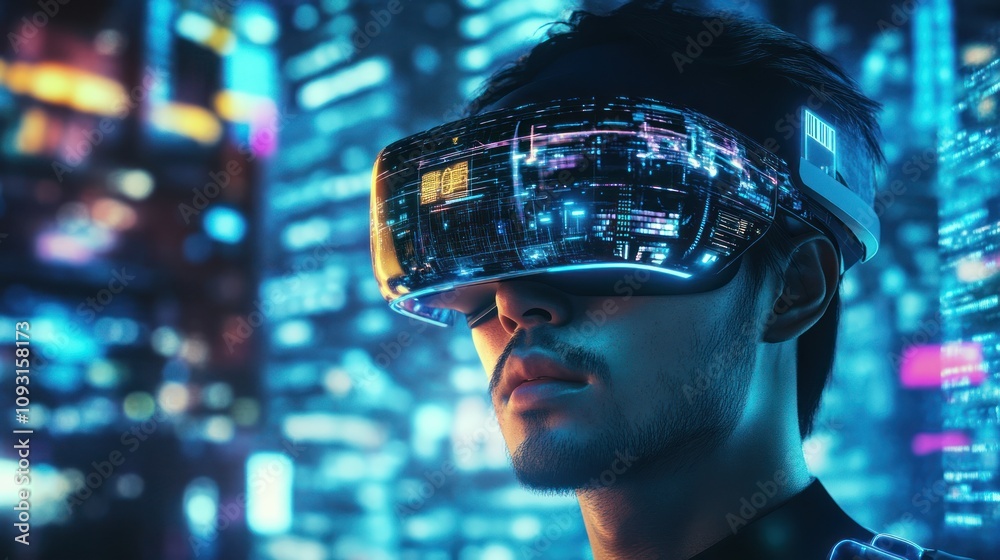A person wearing a futuristic VR headset in a vibrant, illuminated cityscape. A person wearing a futuristic VR headset in a vibrant, illuminated cityscape.