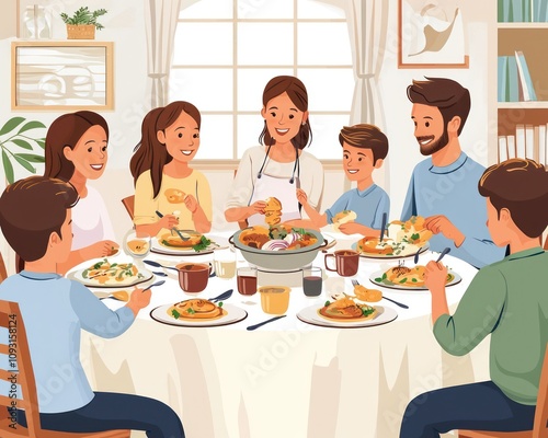 A family gathered around a dinner table, sharing a traditional homemade meal