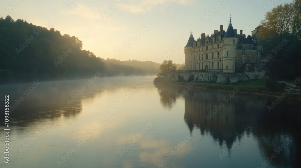 Fototapeta premium Serene Morning Light Reflects on Historical Château by the River with Lush Green Landscape and Soft Mist, Capturing Tranquility and Beauty of Nature