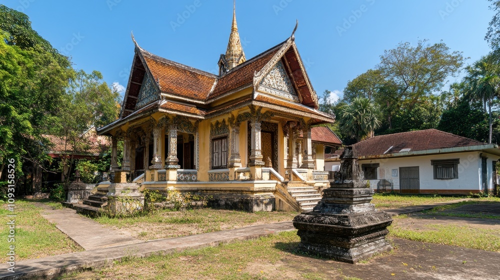 Beautiful traditional architecture of an ancient temple surrounded by lush greenery under a clear blue sky, evoking a serene and peaceful atmosphere in the heart of nature. Beautiful traditional architecture of an ancient temple surrounded by lush greenery under a clear blue sky, evoking a serene and peaceful atmosphere in the heart of nature.