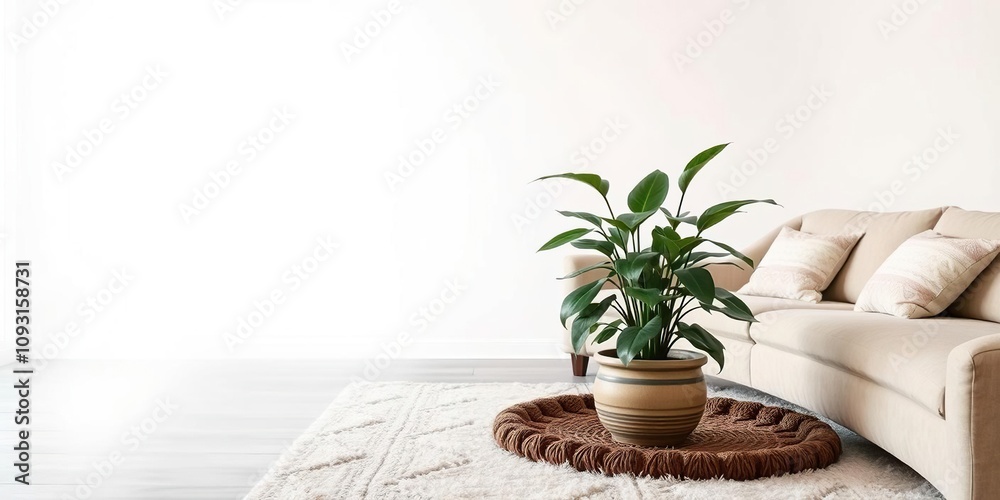 Soothing color palette of a cozy living room featuring a potted plant on a plush area rug, cozy colors, calming atmosphere, potted plants Soothing color palette of a cozy living room featuring a potted plant on a plush area rug, cozy colors, calming atmosphere, potted plants
