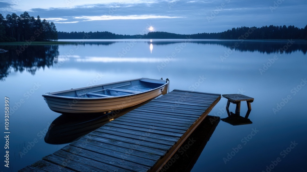 Serene lakeside scene with boat on wooden dock at twilight Serene lakeside scene with boat on wooden dock at twilight