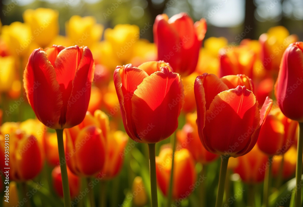 Vibrant red tulips in a field with yellow tulips illuminated by sunlight Vibrant red tulips in a field with yellow tulips illuminated by sunlight