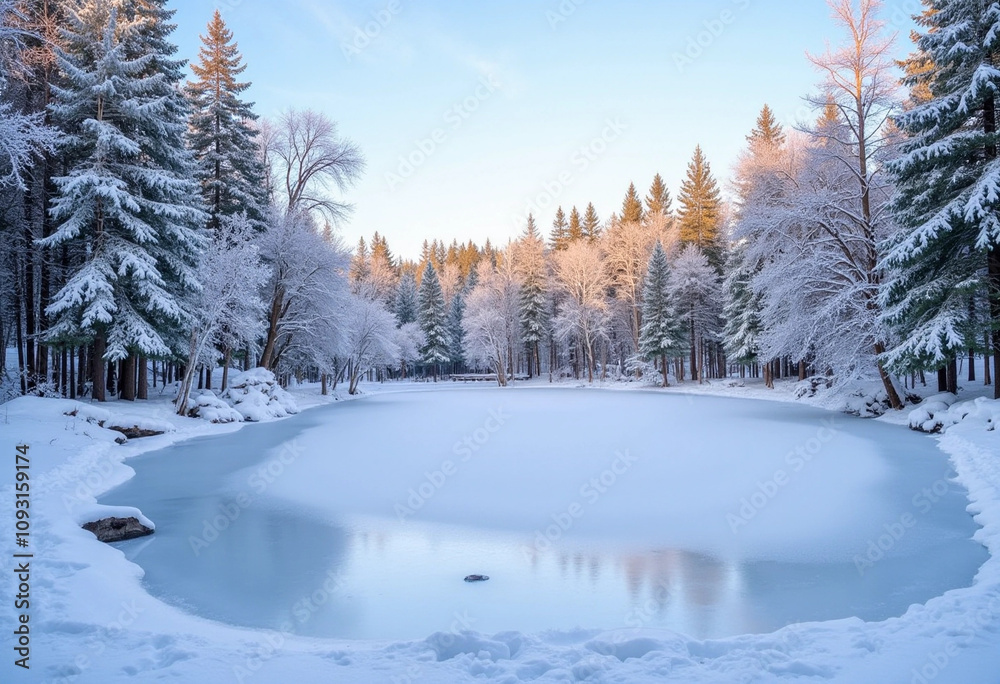 Winter landscape with frozen lake and snow-covered trees in tranquil forest setting Winter landscape with frozen lake and snow-covered trees in tranquil forest setting