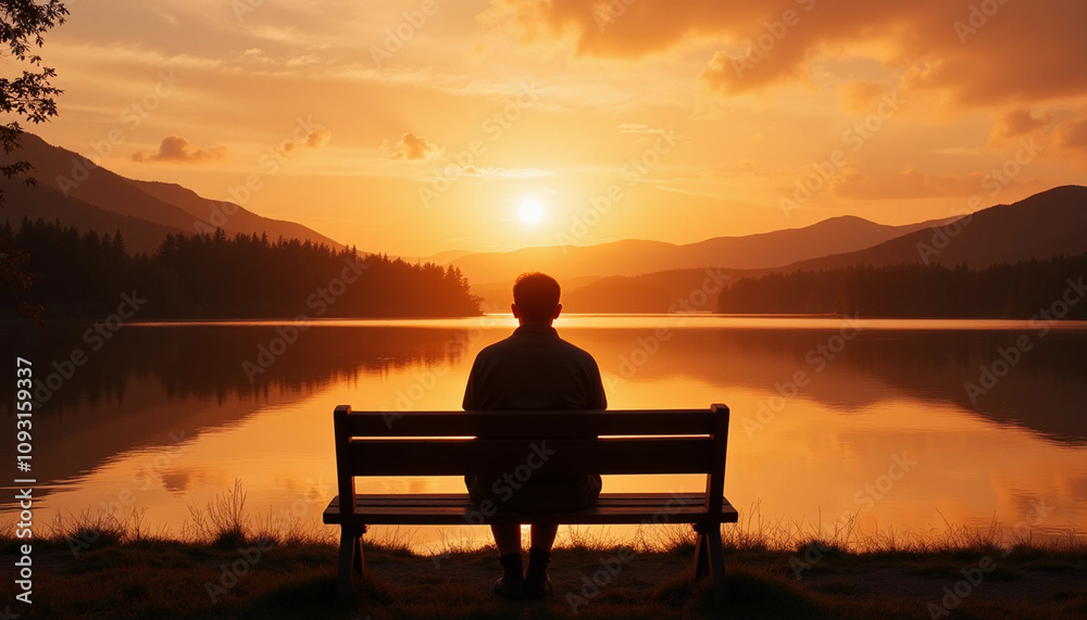 Silhouette of a man sitting on a bench at sunset by the lake shore with scenic background Silhouette of a man sitting on a bench at sunset by the lake shore with scenic background