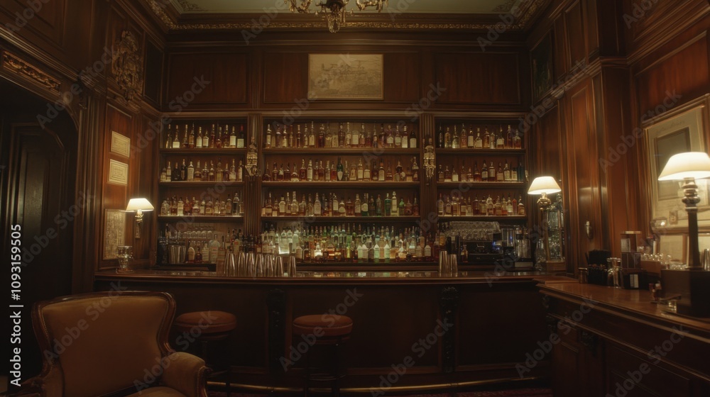 Elegant and Cozy Bar Interior with Wooden Shelves Filled with Liquor Bottles, Soft Lighting, and Vintage Decor in Upscale Setting for Relaxation and Socializing