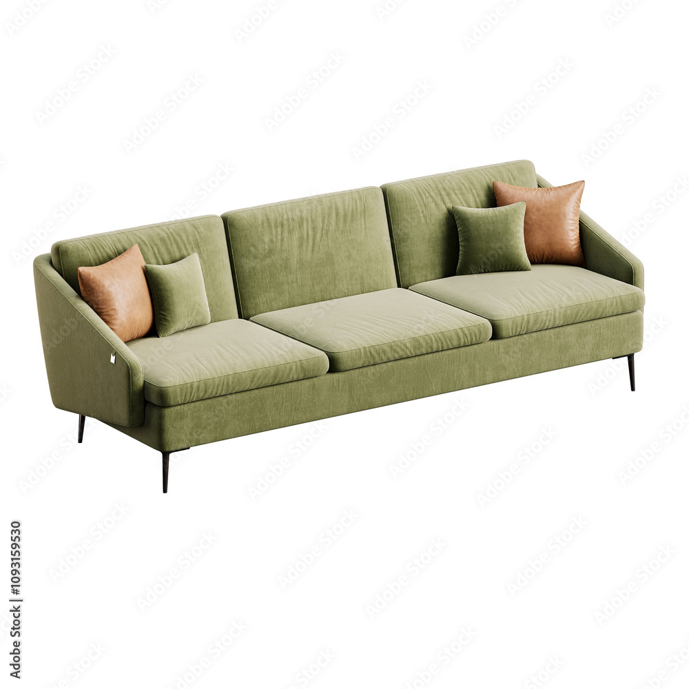 A green couch with brown pillows and a brown pillow on the right A green couch with brown pillows and a brown pillow on the right