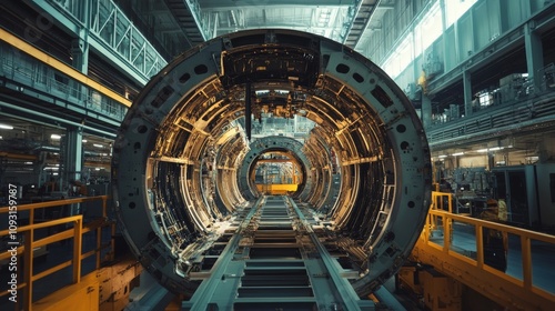 Robotic arms assembling fuselage sections in an aerospace factory