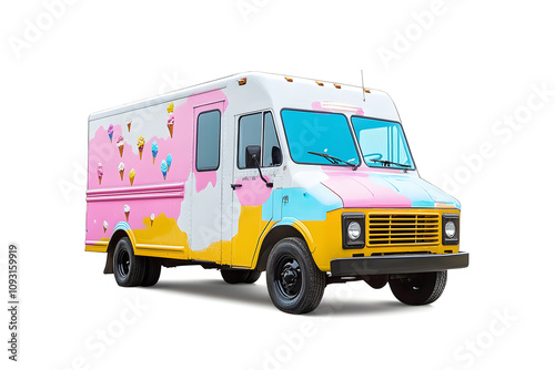 Classic Ice Cream Truck at Bustling Park on a Clear Day white background