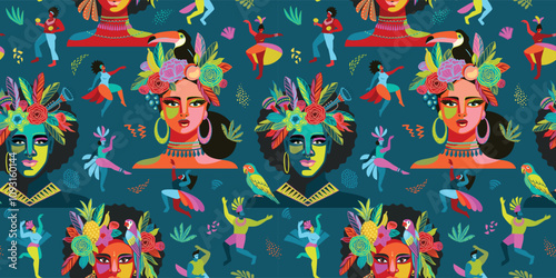 Vector seamless pattern with abstract men and women in bright costumes. Brazil carnival. Design templates for carnival concept and other