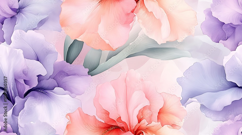 Obraz premium Dreamy watercolor pattern of irises in pastel hues, delicate pink and light purple petals, lush green leaves, soft flowing design, hand-drawn style, intricate floral arrangement,
