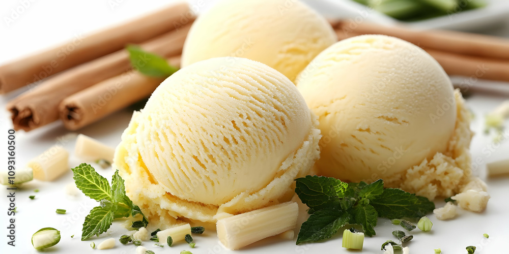 Photo Vanilla Ice Cream Scoops Cinnamon Mint Photo Vanilla Ice Cream Scoops Cinnamon Mint