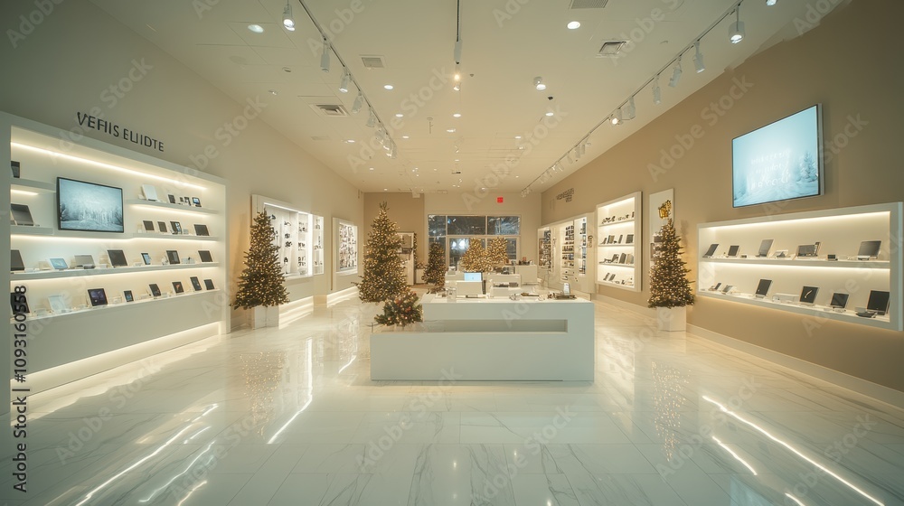 Modern electronics store christmas display with sleek gadgets Modern electronics store christmas display with sleek gadgets