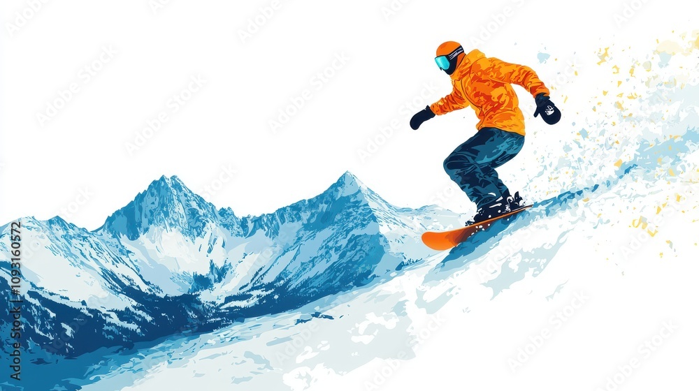 Snowboarder in Action on Snowy Mountain Landscape Snowboarder in Action on Snowy Mountain Landscape