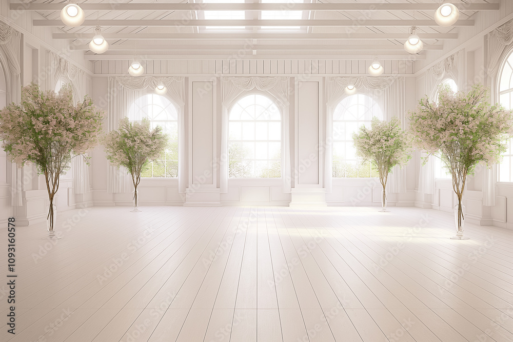 Elegant room features tall trees, natural light, and a serene atmosphere perfect for events or gatherings Elegant room features tall trees, natural light, and a serene atmosphere perfect for events or gatherings