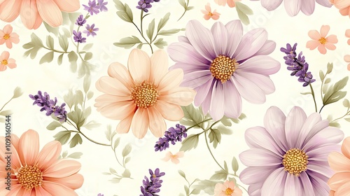 Elegant seamless pattern of pastel daisies and lavender sprigs, watercolor style, delicate petals, soft pink and lavender hues, airy green leaves, flowing brush strokes, light cream background,
