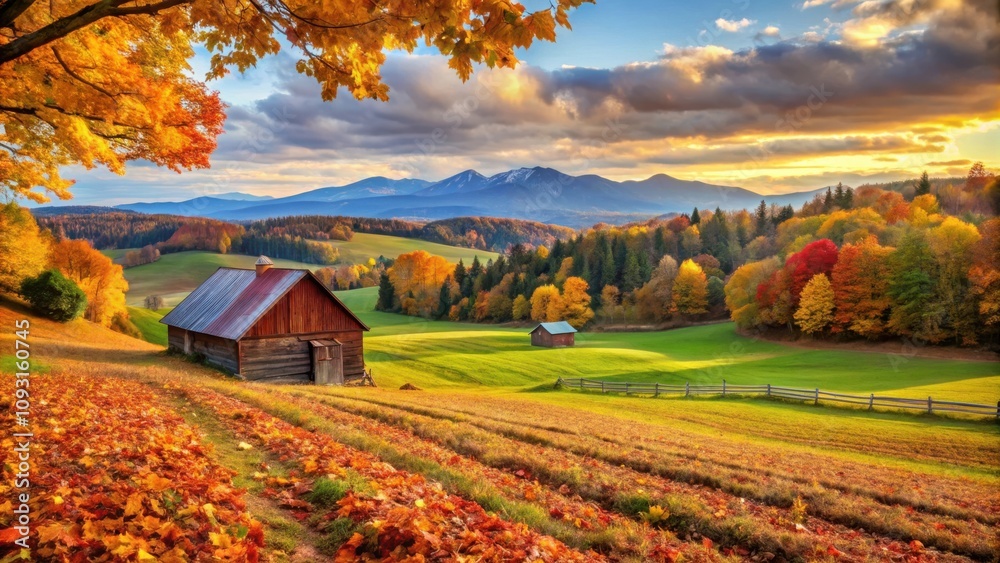 A rustic wooden cabin nestled amidst a vibrant tapestry of autumn foliage, the rolling hills and distant mountains bathed in the golden glow of a setting sun. A rustic wooden cabin nestled amidst a vibrant tapestry of autumn foliage, the rolling hills and distant mountains bathed in the golden glow of a setting sun.