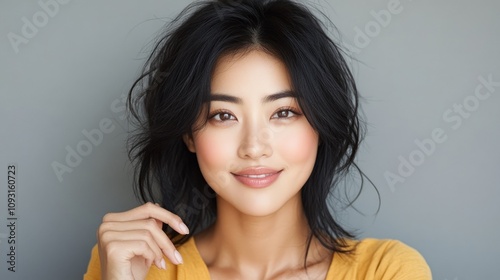 Close-up portrait of a young Asian woman with short, dark hair and a subtle smile, against a gray background.