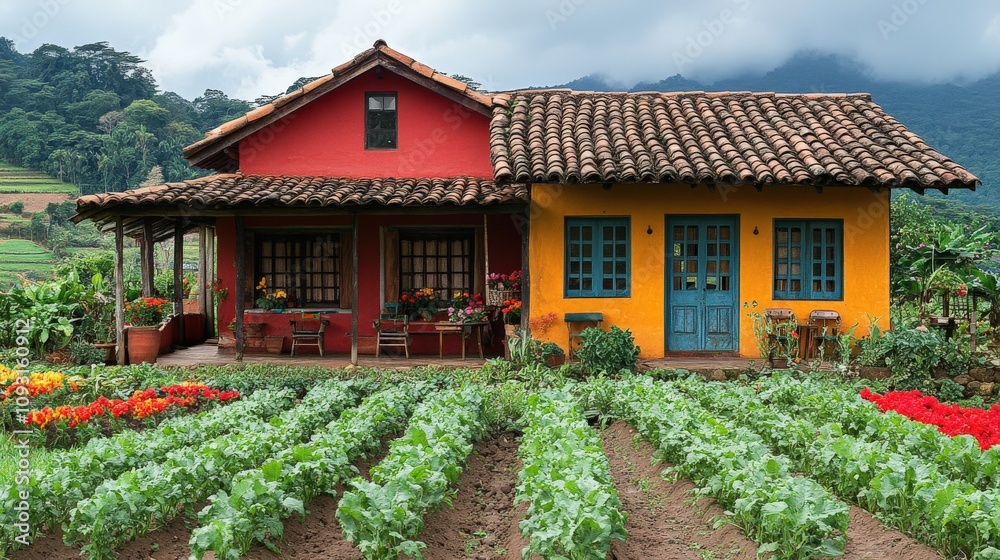 A colorful house with a garden, surrounded by lush greenery and mountains in the background. A colorful house with a garden, surrounded by lush greenery and mountains in the background.