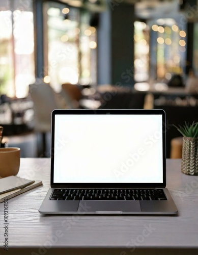 mock up of laptop computer with blank white screen background of open plan modern office 