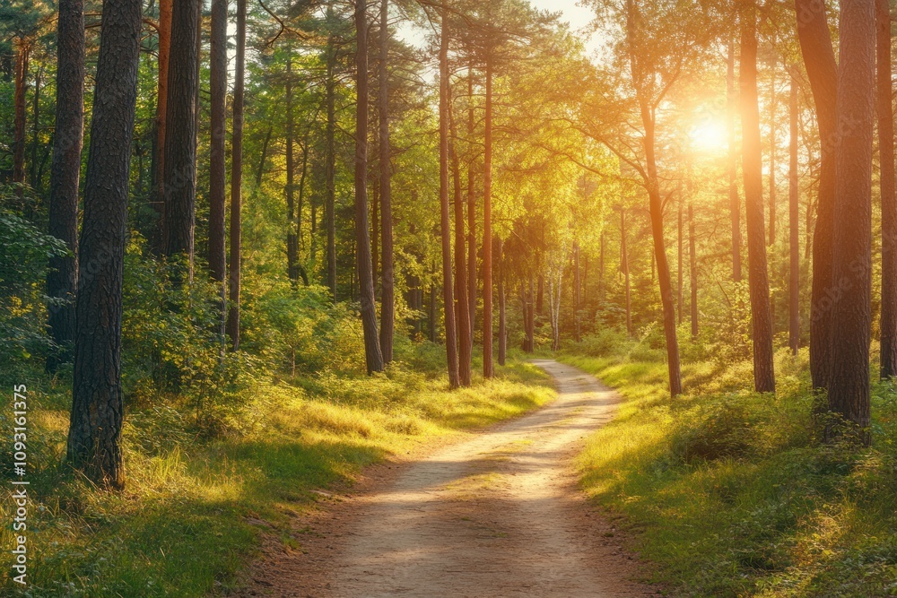 Obraz premium Sunlit Path Through Lush Green Forest Trees