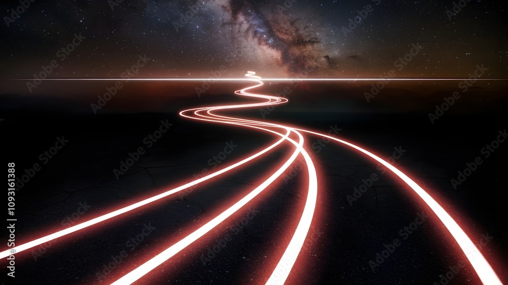 Infinite cosmic racetrack with a glowing runner's light trail Infinite cosmic racetrack with a glowing runner's light trail
