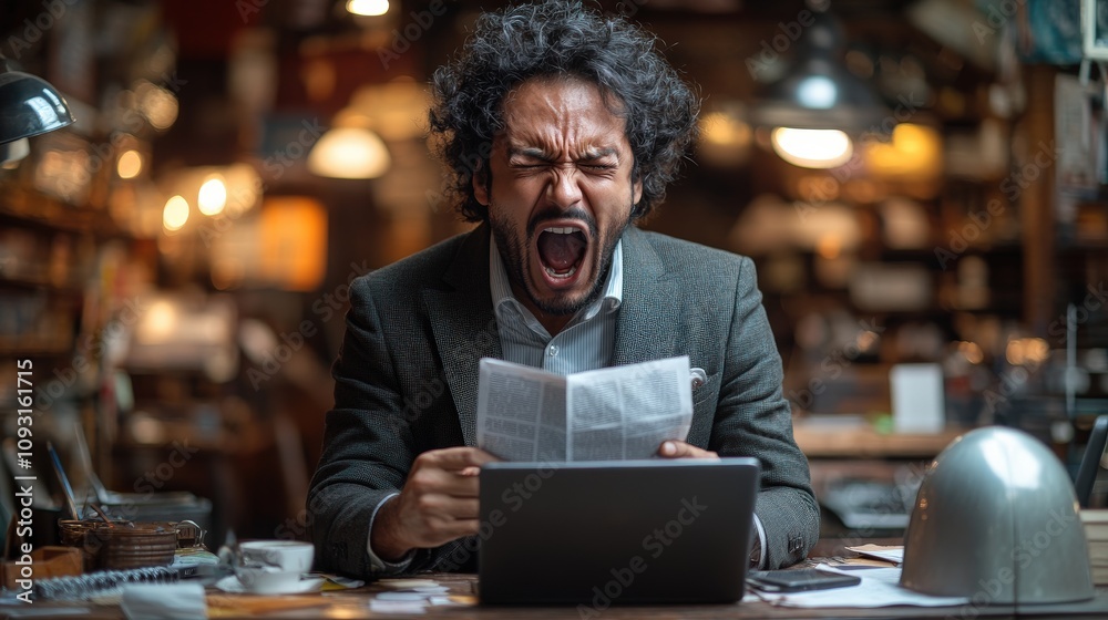 A frustrated man yells while reading a document in a cozy caf? setting. A frustrated man yells while reading a document in a cozy caf? setting.
