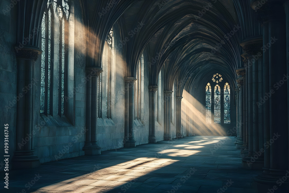 Gothic Cathedral Illustration - Sunlit Hallway with Columns and Stained Glass Gothic Cathedral Illustration - Sunlit Hallway with Columns and Stained Glass