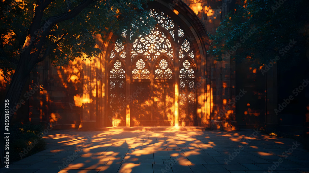 Fototapeta premium Illustration - Gothic Cathedral Entrance at Golden Hour