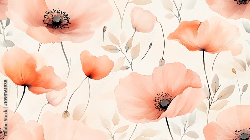 Naklejka premium Light and airy seamless pattern of pastel poppies, watercolor textures in soft pinks and light orange, delicate leaves, hand-drawn style, intricate floral details, flowing and elegant,