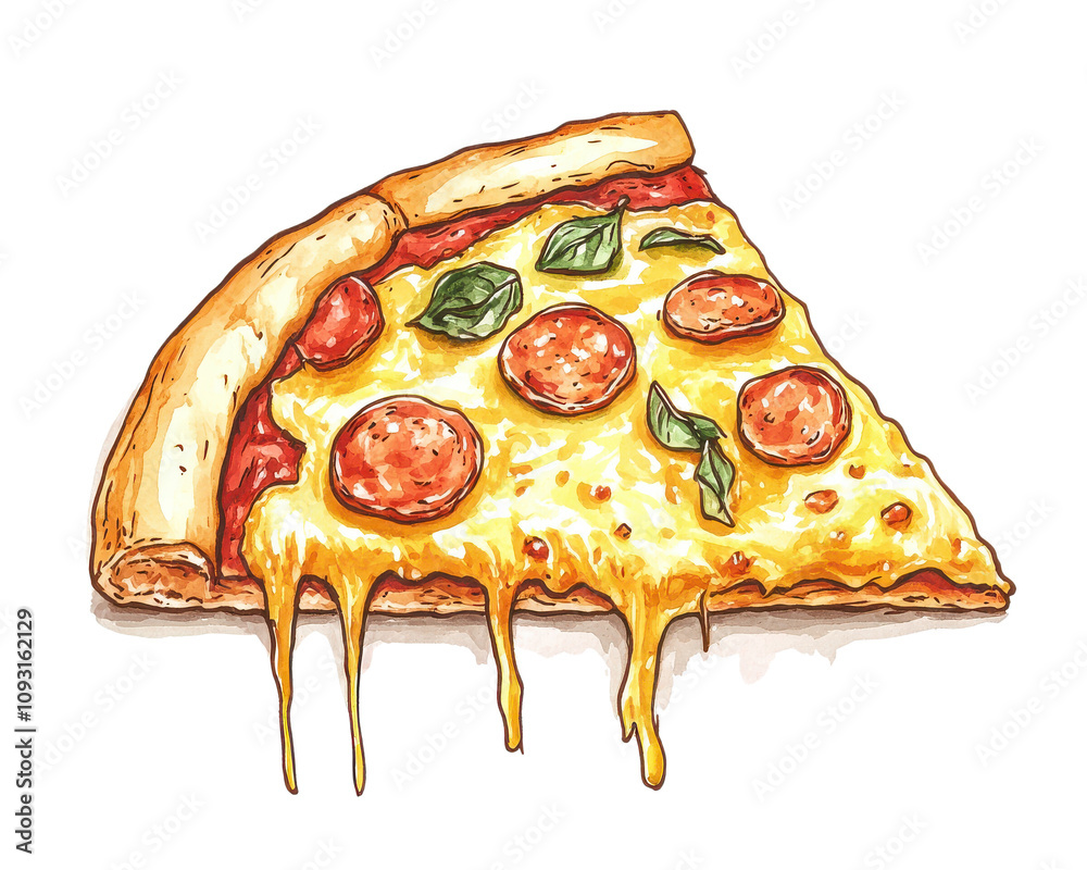 Delicious slice of pepperoni pizza with melted cheese and fresh basil, white isolate background Delicious slice of pepperoni pizza with melted cheese and fresh basil, white isolate background