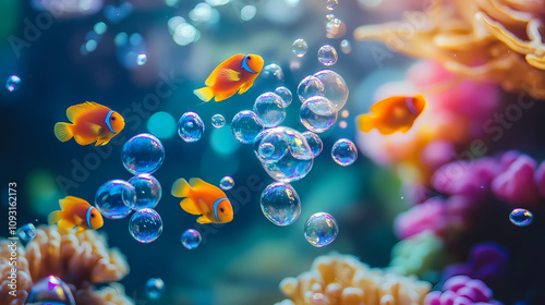 Fototapeta Naklejka Na Ścianę i Meble -  Vibrant coral reef with colorful fish and bubbles, underwater scene. Underwater Bubble Worlds. Illustration